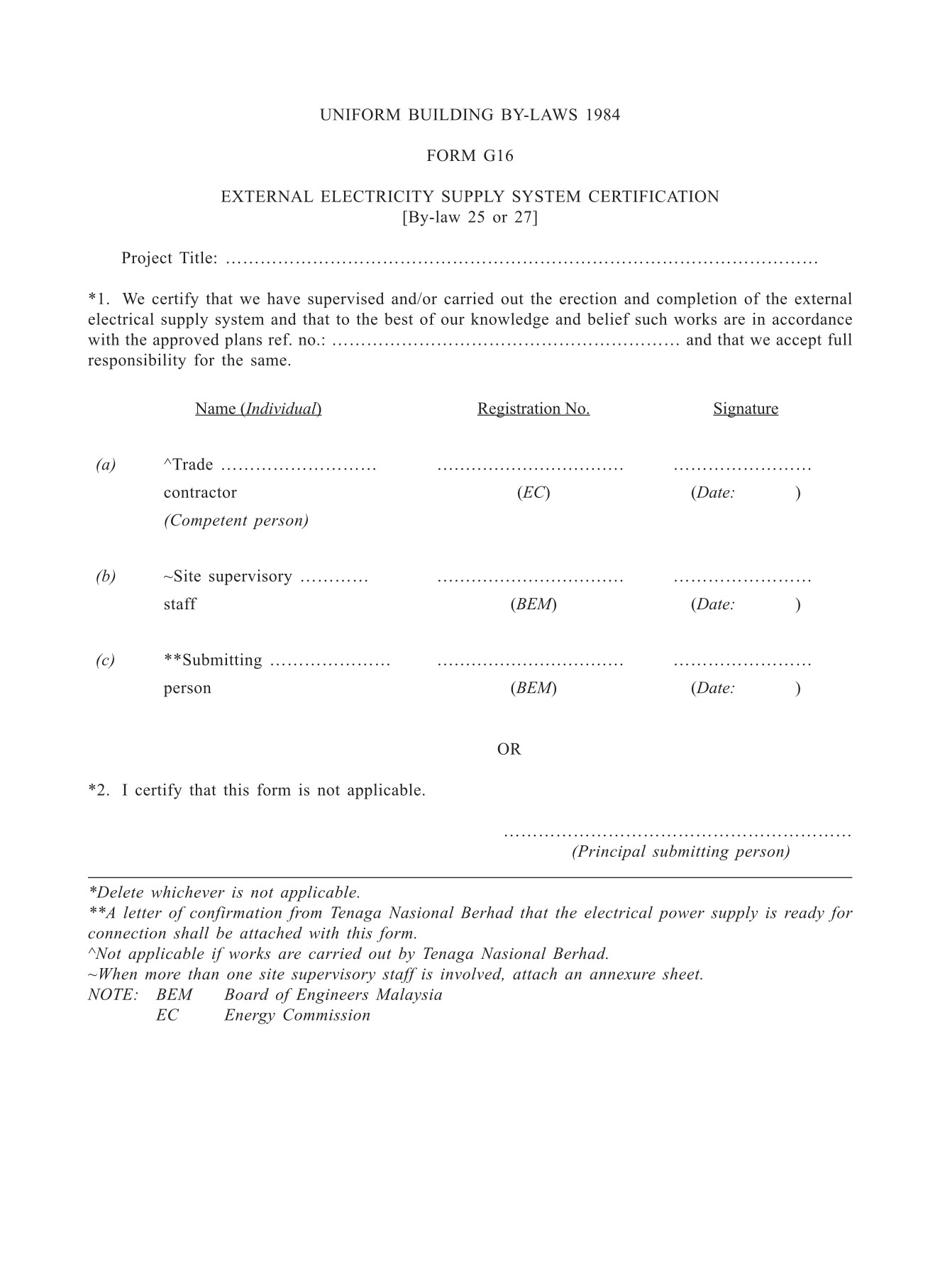 Form G16 EXTERNAL ELECTRICITY SUPPLY SYSTEM CERTIFICATION
